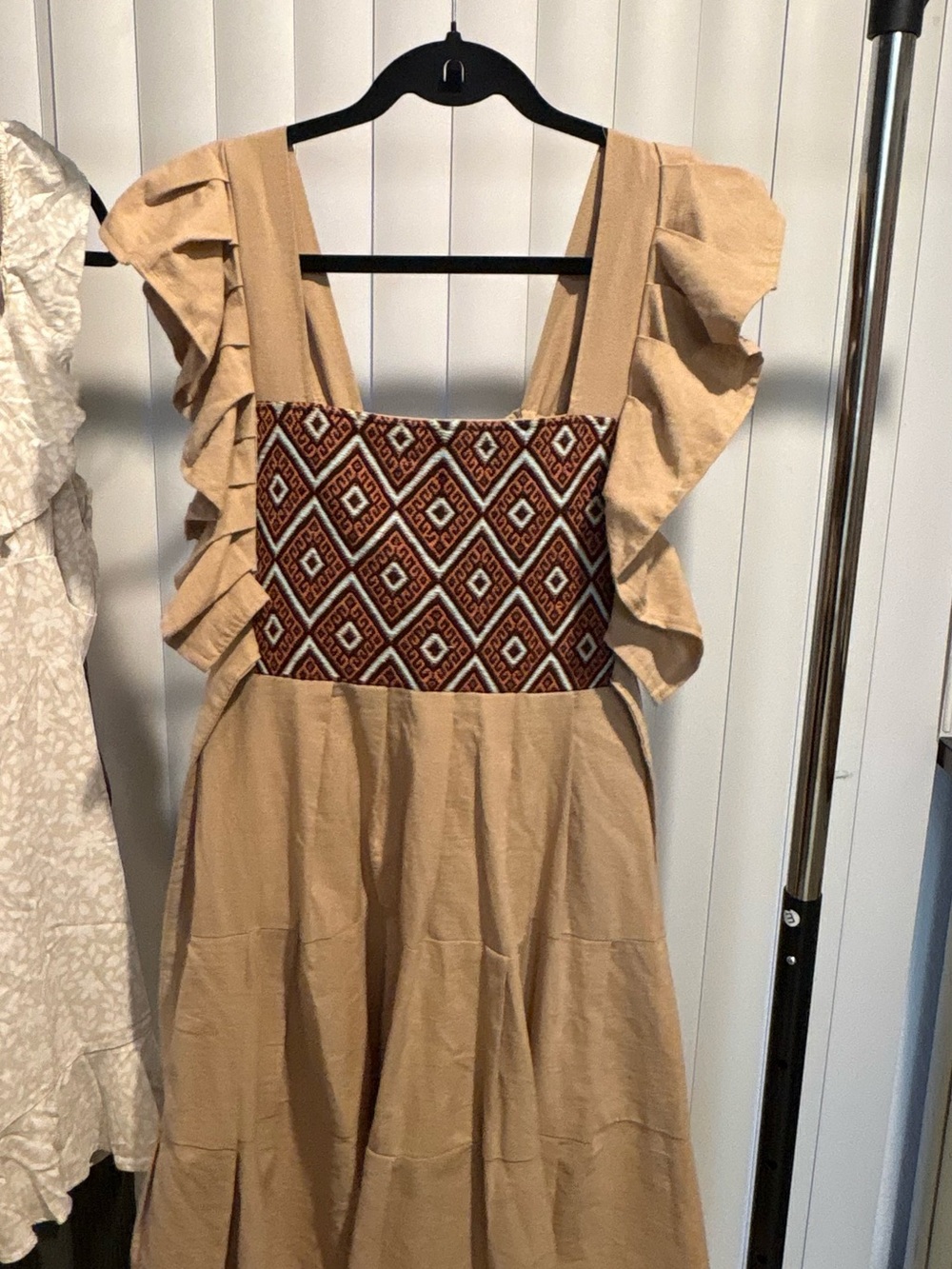Source Unknown Beige Midi Dress with Embroidered Diamond Bodice